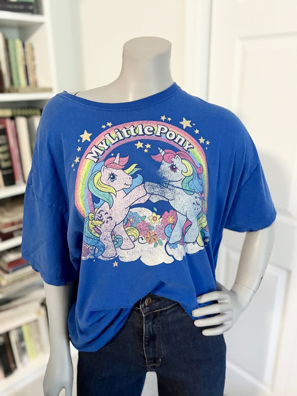 My Little Pony T Shirt XL Oversized Rainbow Blue Graphic Tee Raw Hem Retro MLP